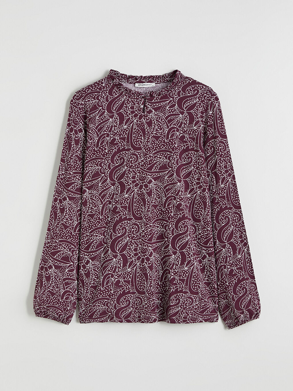 Mürdüm Fırfırlı Dik Yaka Desenli Bluz-4