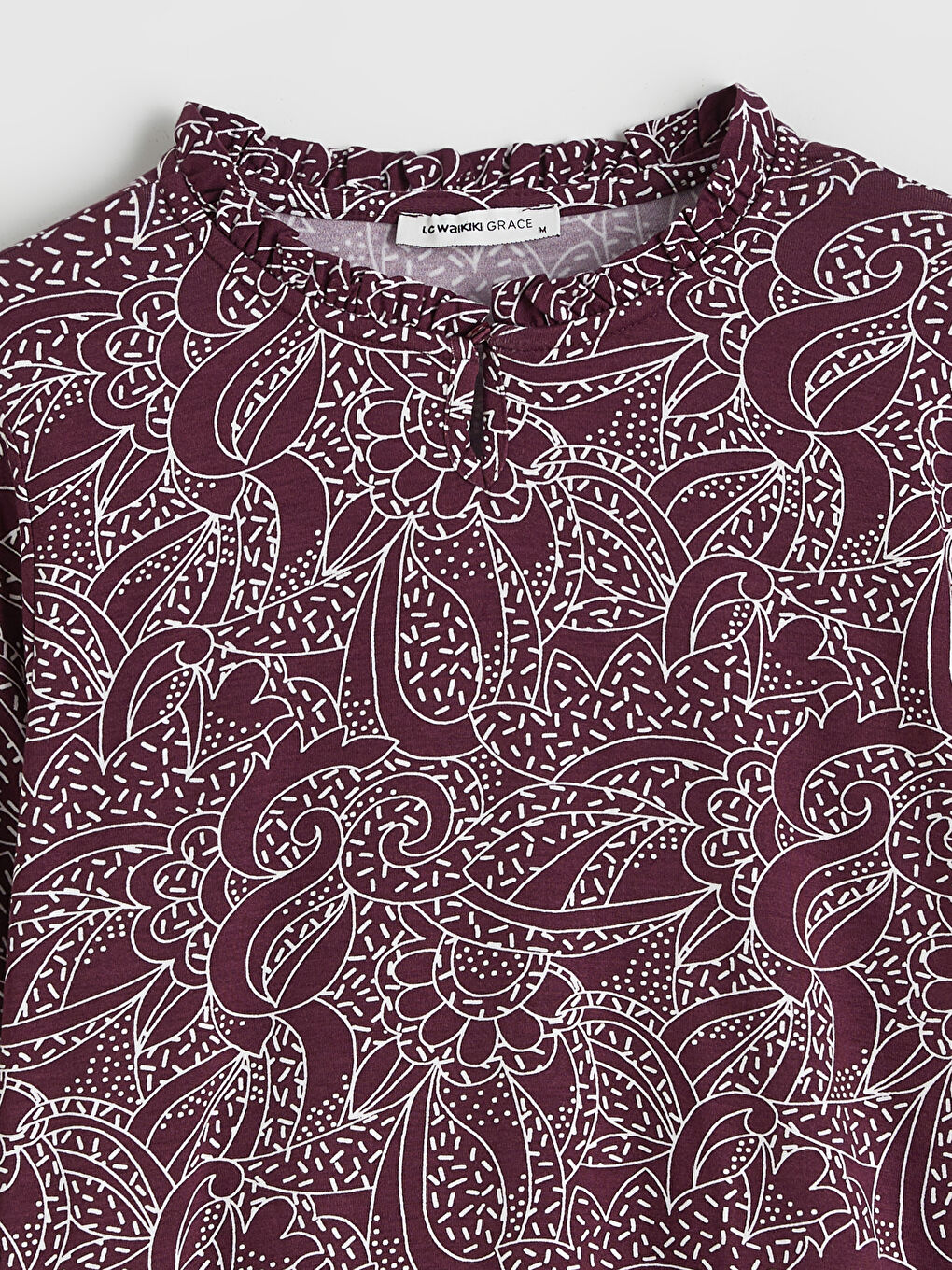 Mürdüm Fırfırlı Dik Yaka Desenli Bluz-5