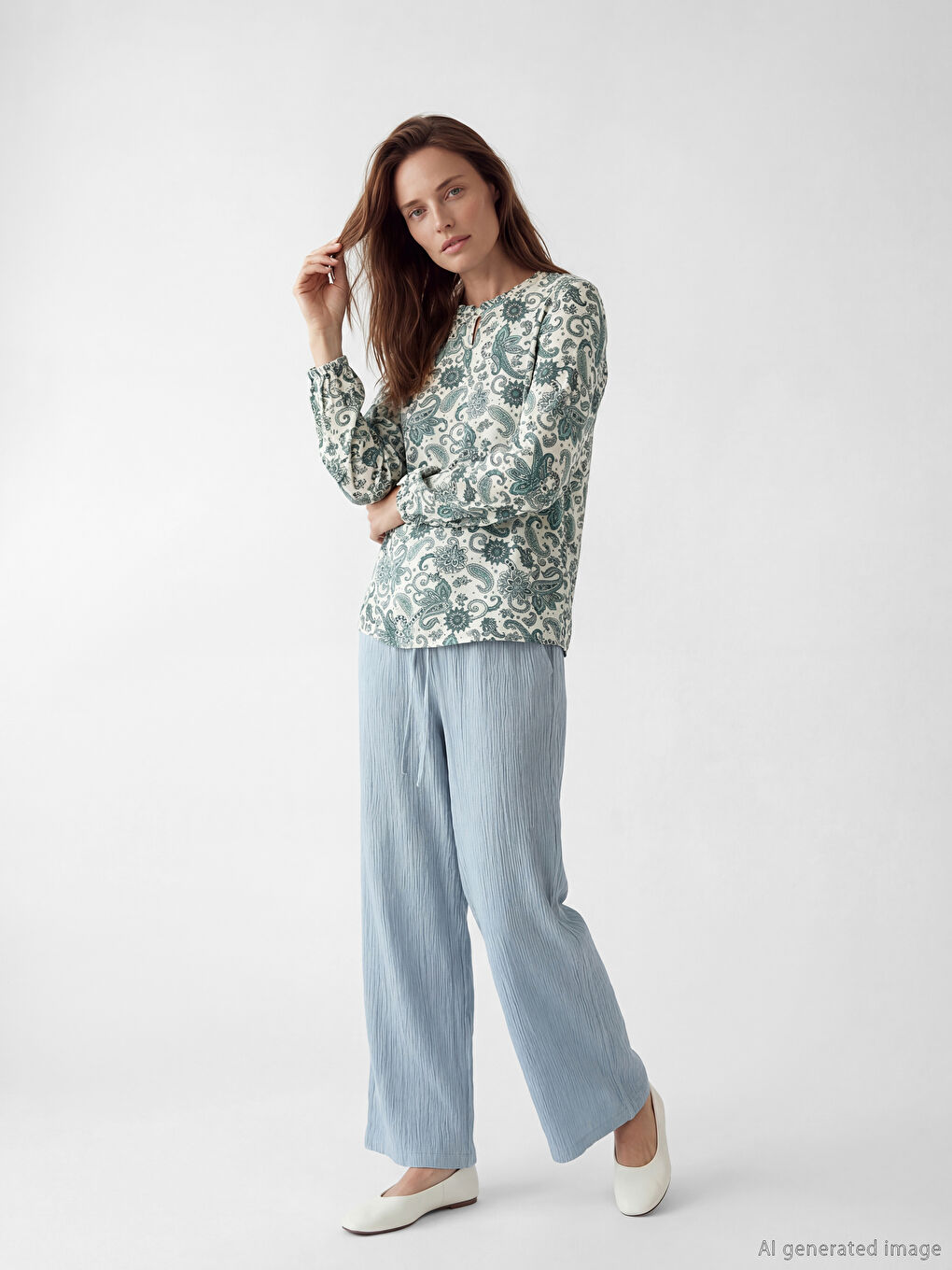 Ekru Fırfırlı Dik Yaka Desenli Bluz-1