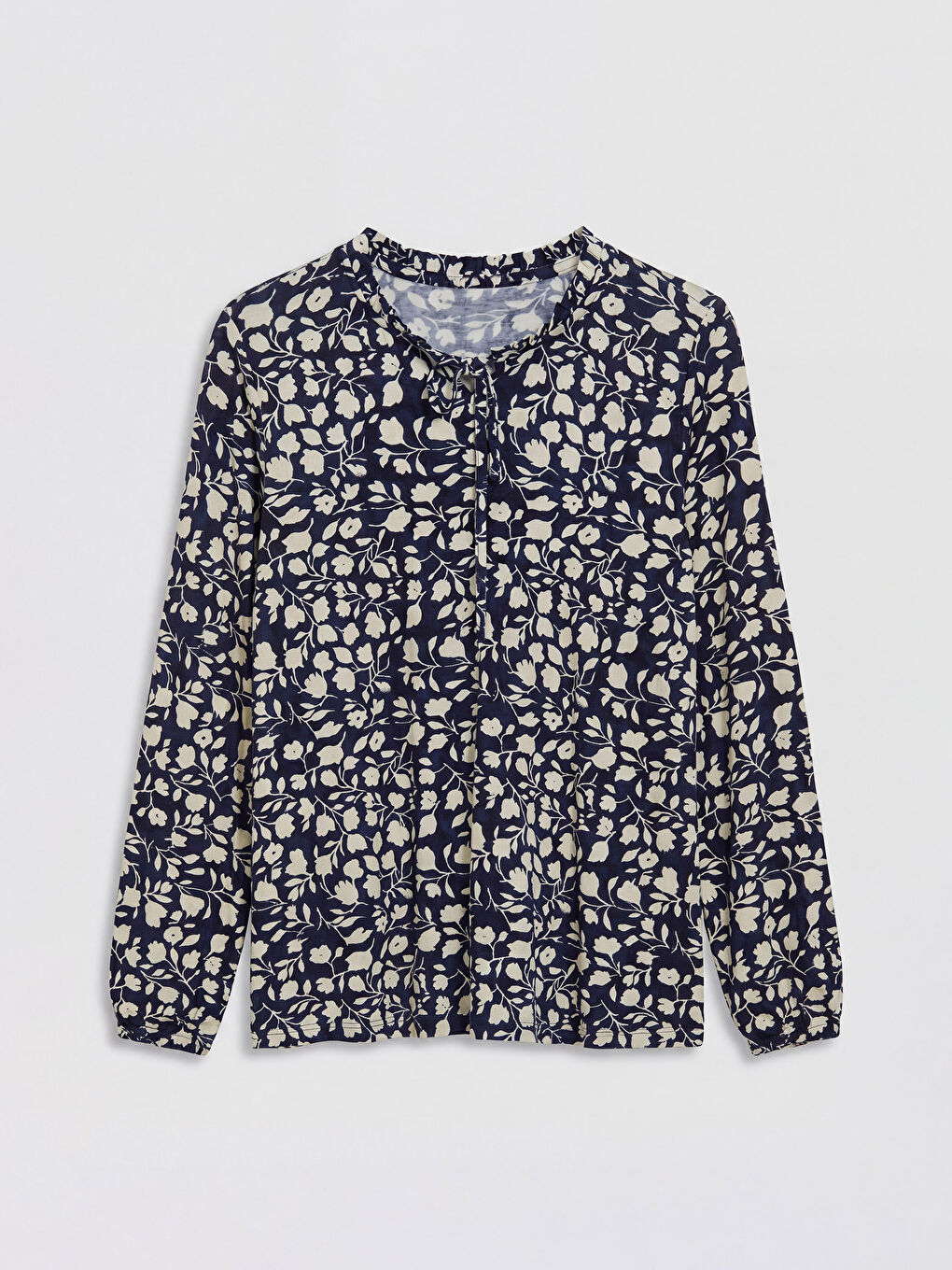 Mavi Bağlamalı Yaka Çiçekli Bluz