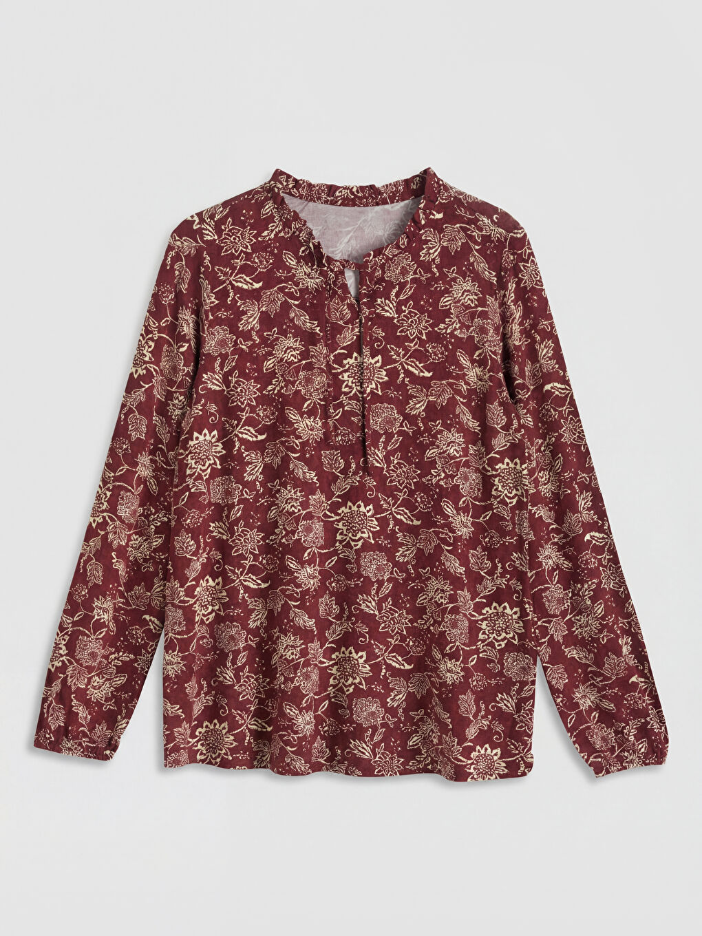 Bordo Bağlamalı Yaka Desenli Bluz