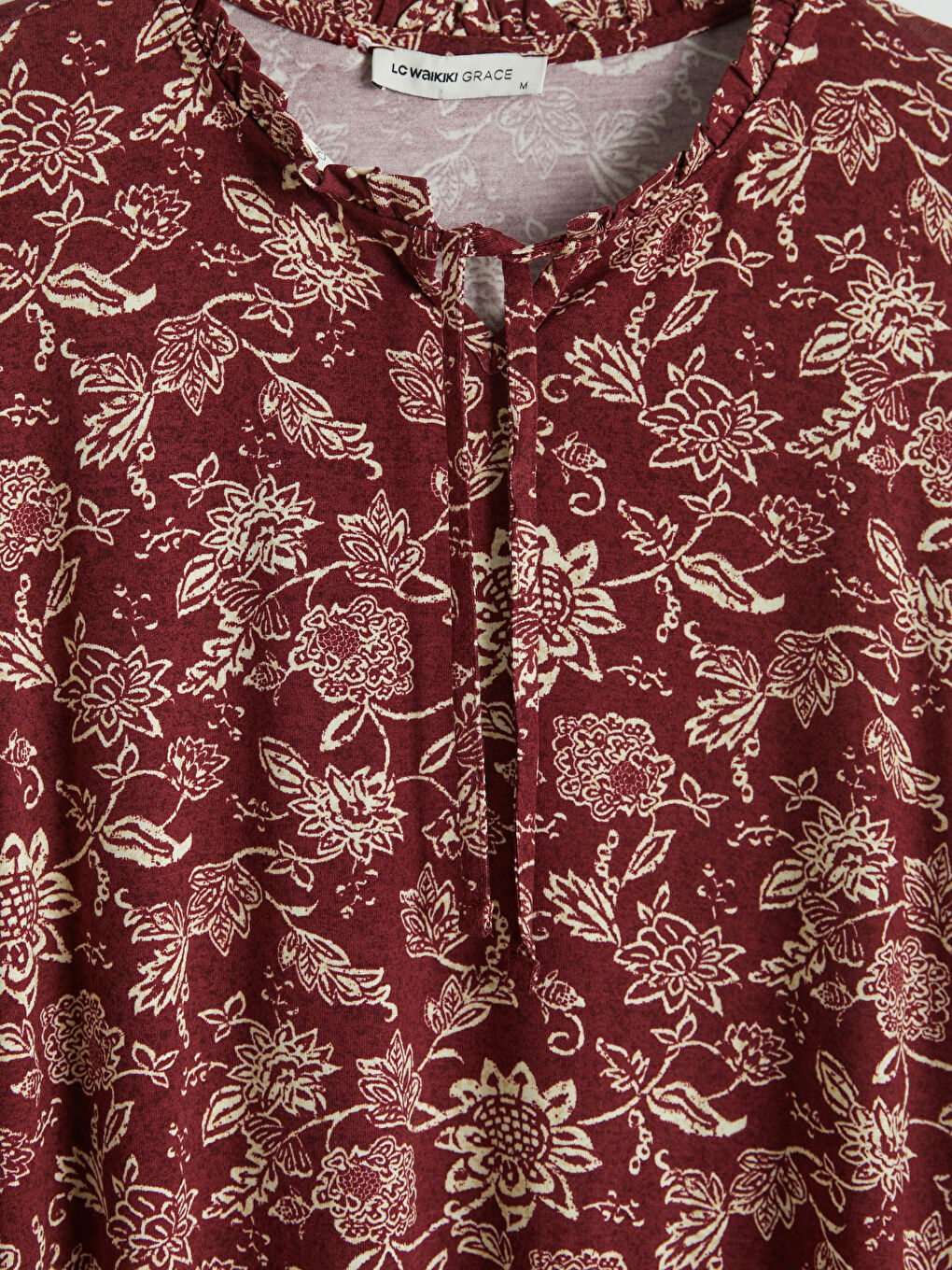 Bordo Bağlamalı Yaka Desenli Bluz-2