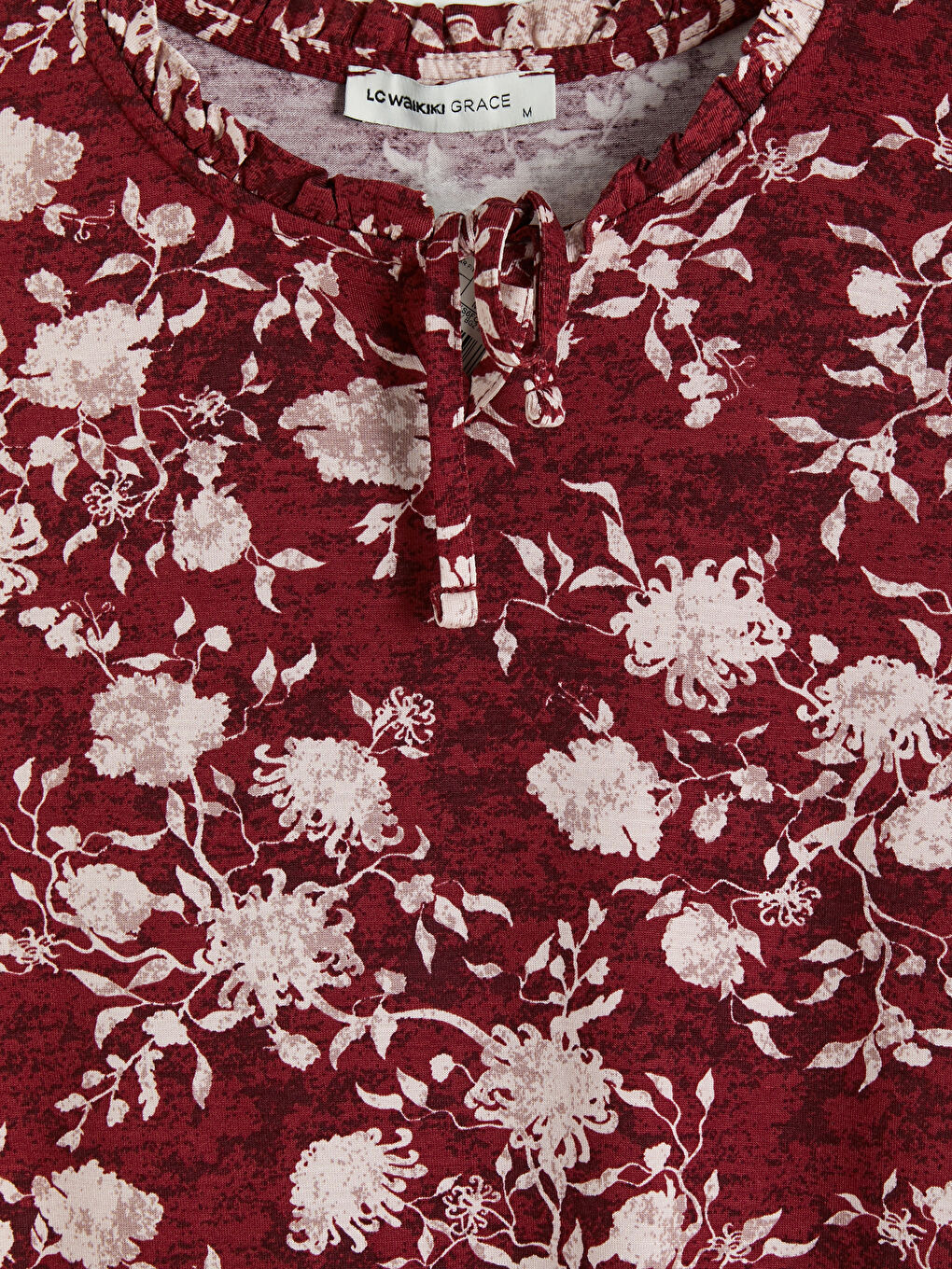 Bordo Bağlamalı Yaka Çiçekli Bluz-6