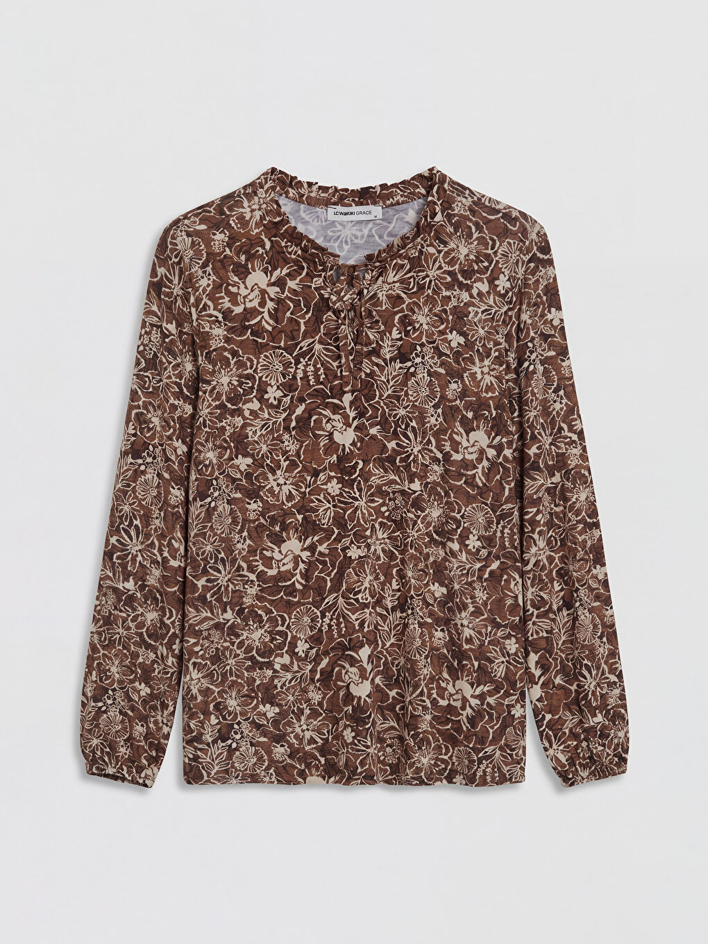 Kahverengi Bağlamalı Yaka Çiçekli Bluz