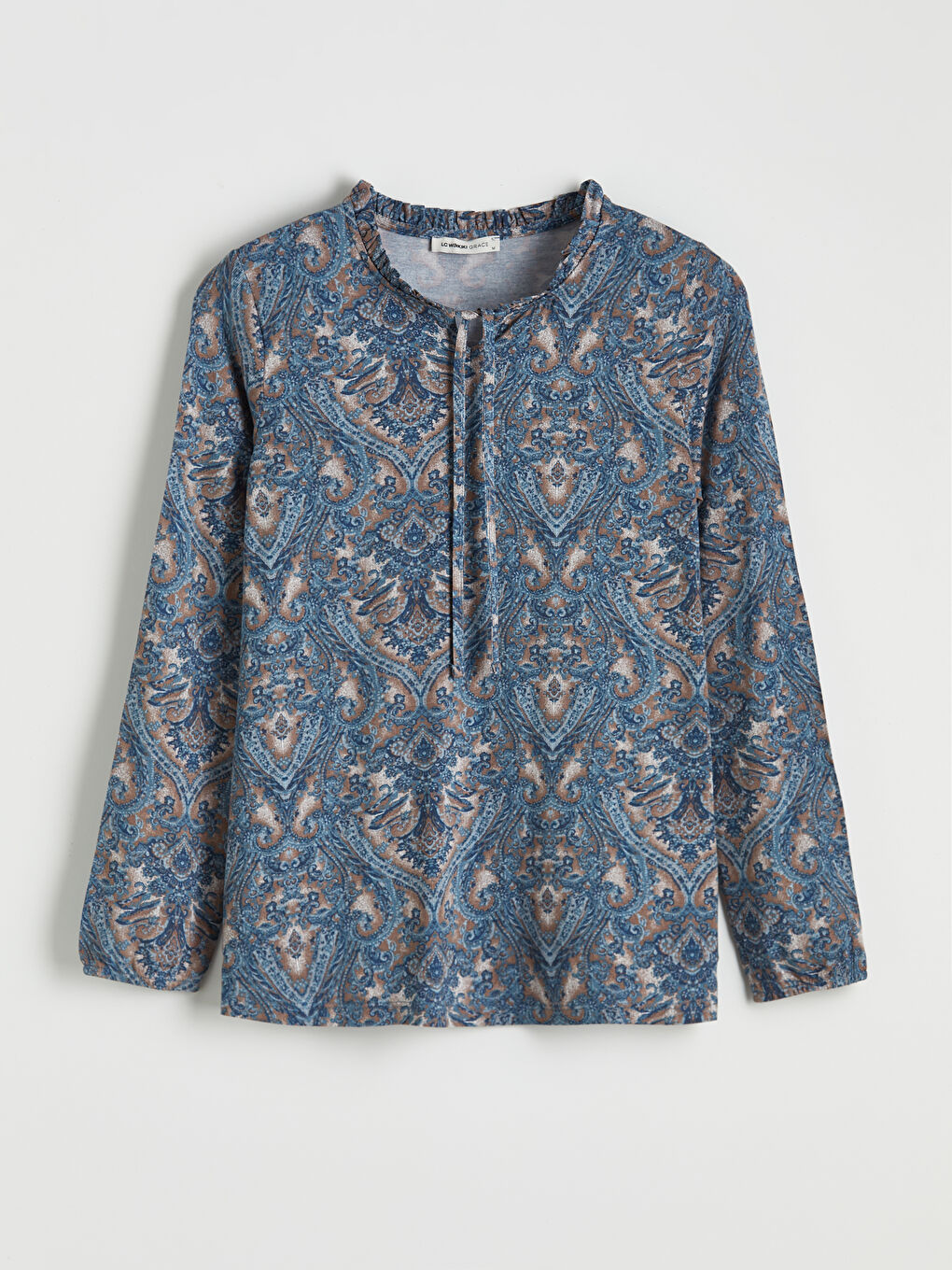 Kahverengi Bağlamalı Yaka Desenli Bluz-4