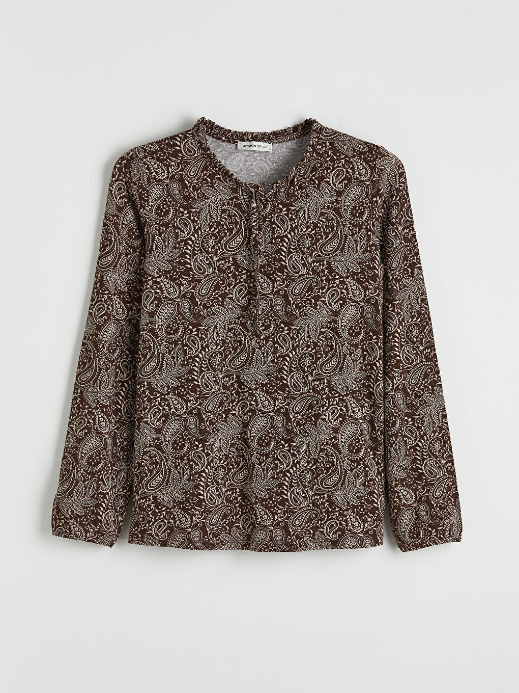 Kahverengi Bağlamalı Yaka Desenli Bluz