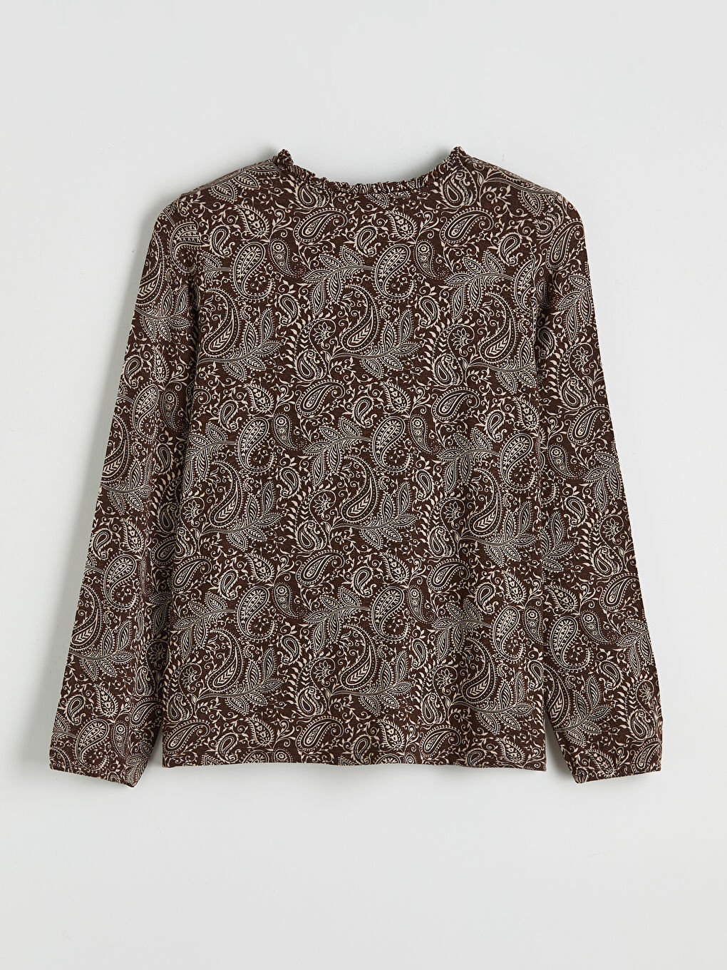 Kahverengi Bağlamalı Yaka Desenli Bluz-1