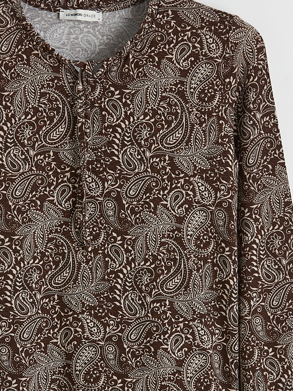 Kahverengi Bağlamalı Yaka Desenli Bluz-2