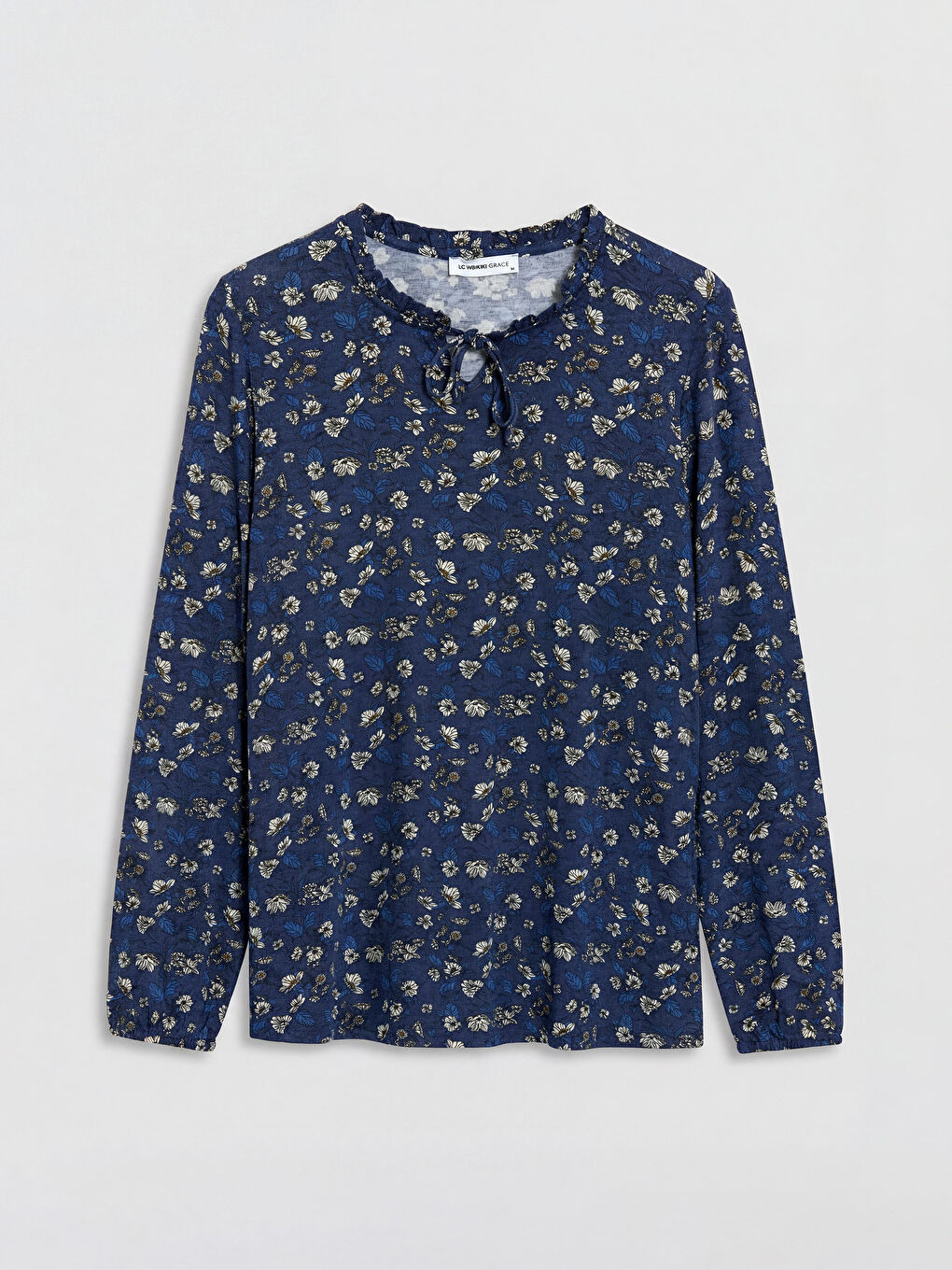 Lacivert Bağlamalı Yaka Çiçekli Bluz