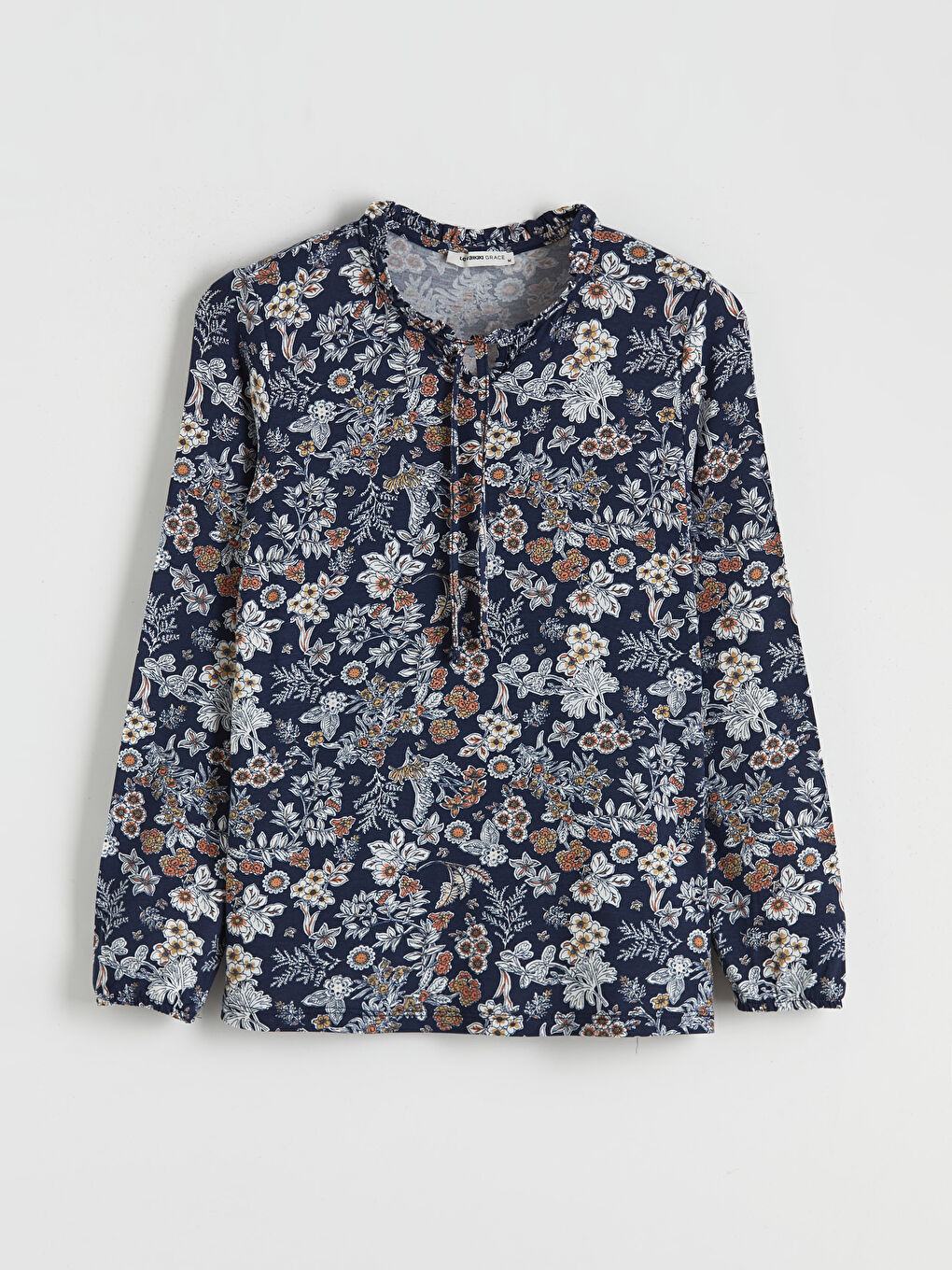 Lacivert Bağlamalı Yaka Çiçekli Bluz-4