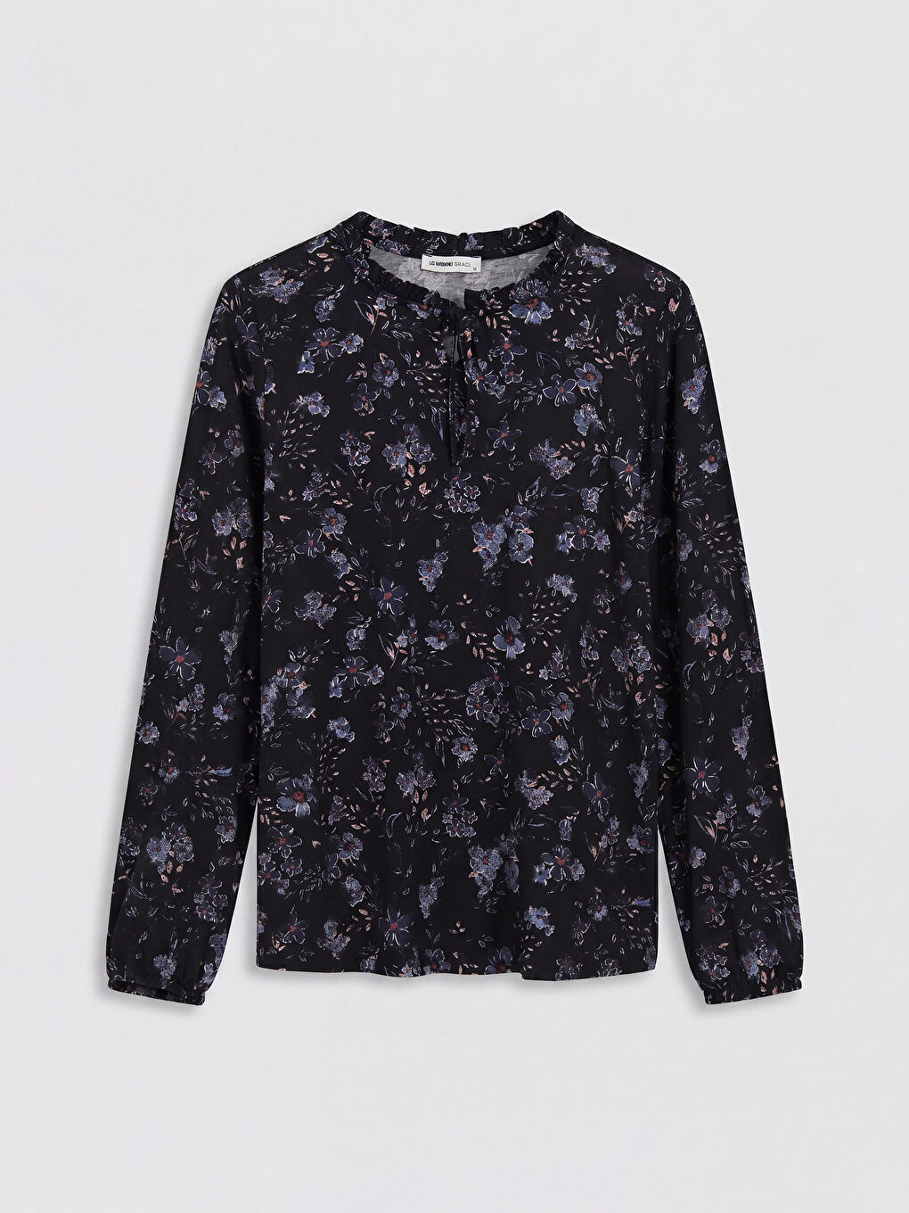 Lacivert Bağlamalı Yaka Çiçekli Bluz