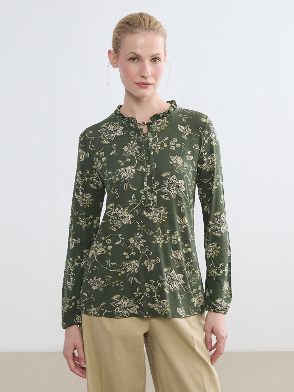Tie-Neck Patterned Blouse