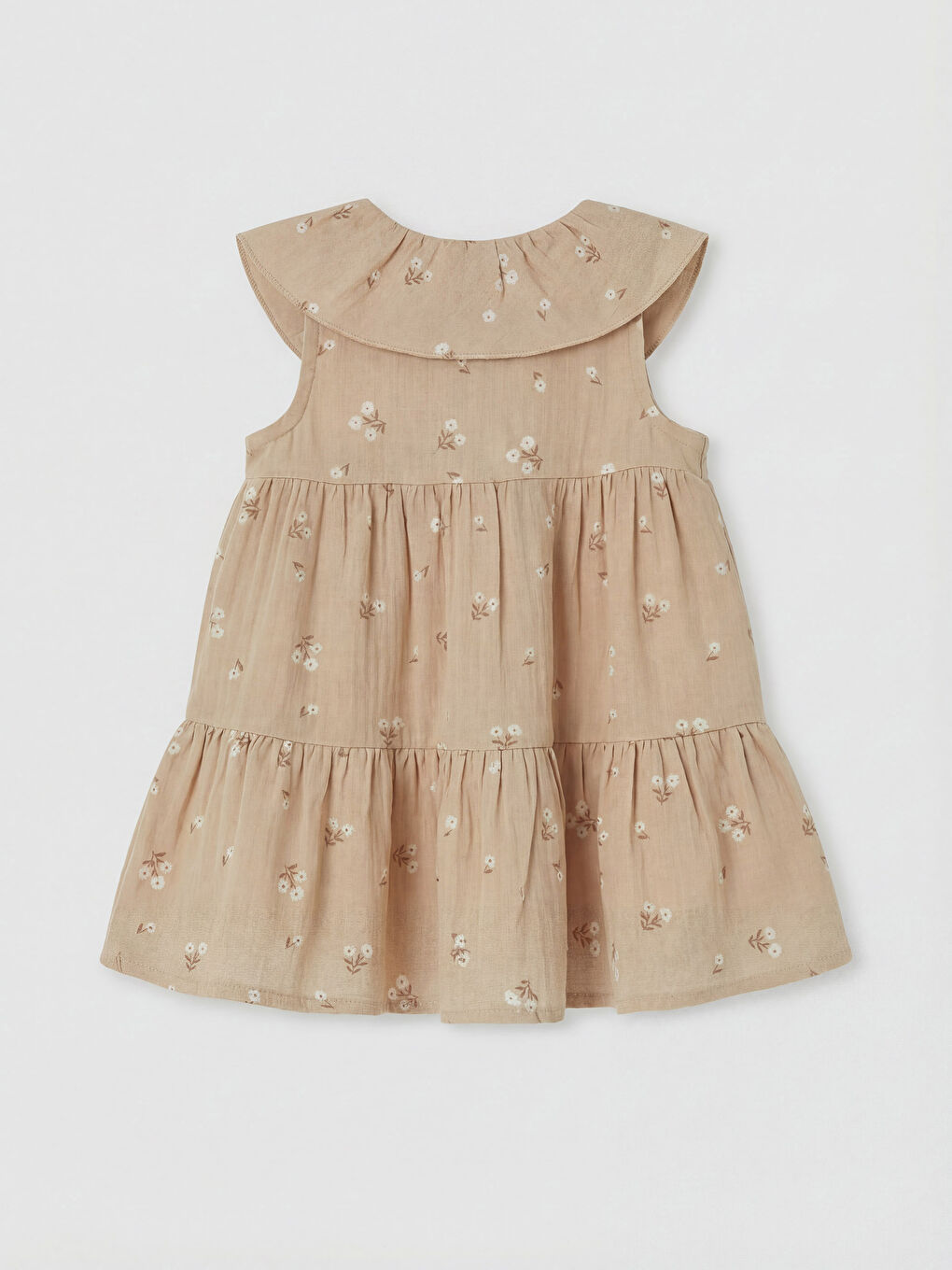 Bej Bebe Yaka Çiçek Desenli Kız Bebek Müslin Elbise-1