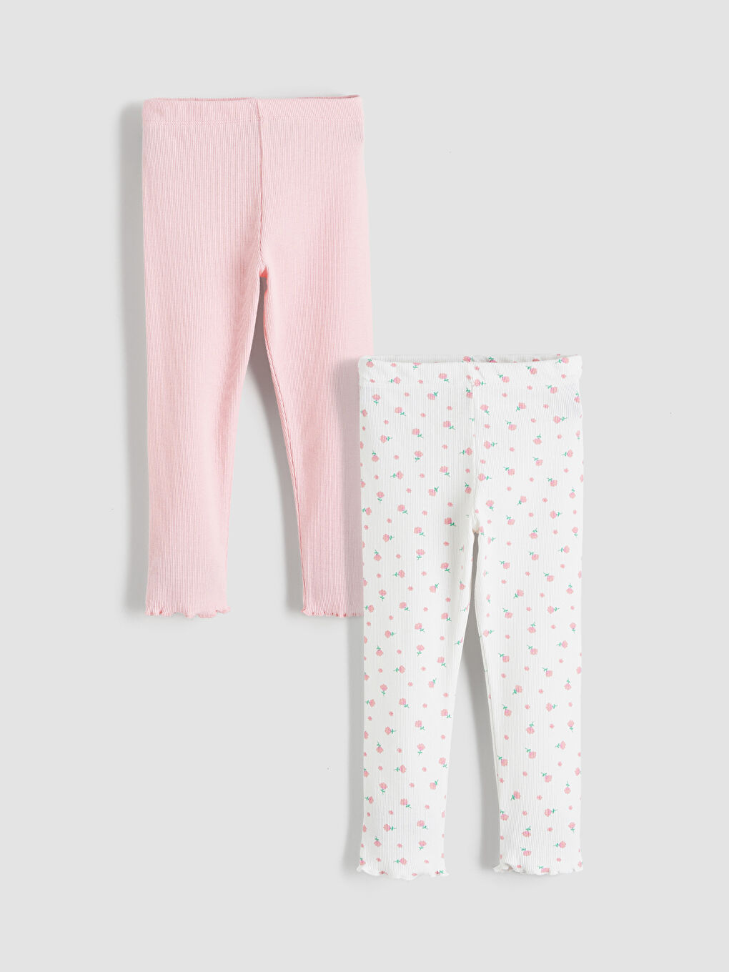 Ekru Beli Lastikli Çiçekli Kız Çocuk Tayt 2'li