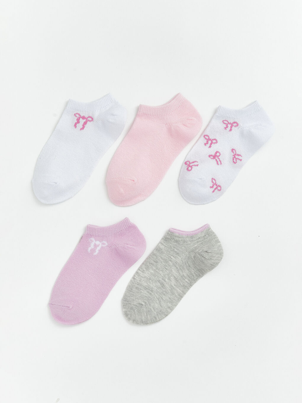 Beyaz Fiyonk Desenli Kız Çocuk Patik Çorap 5'li