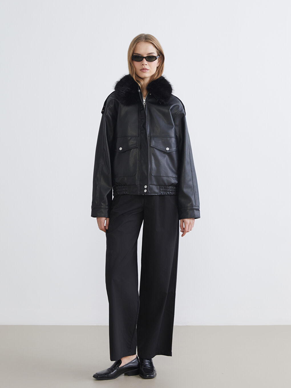 Fur Collar Women's Faux Leather Jacket-1