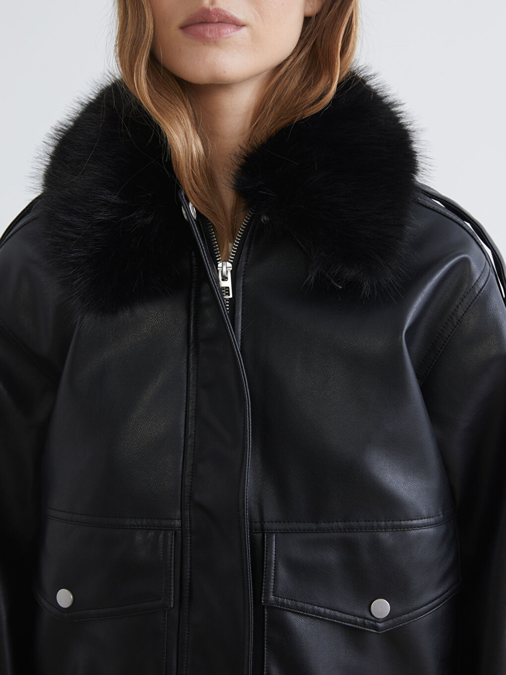 Fur Collar Women's Faux Leather Jacket-2