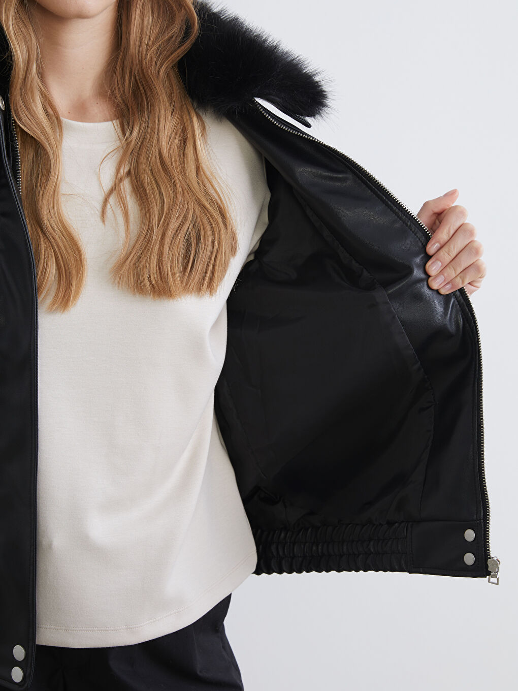 Fur Collar Women's Faux Leather Jacket-3