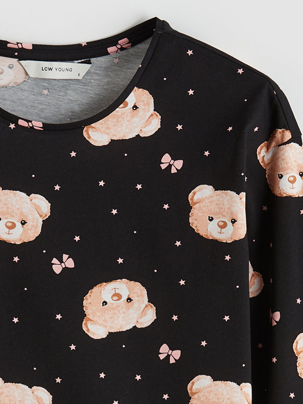 Siyah Bisiklet Yaka Ayı Baskılı Kadın Pijama Üstü-1