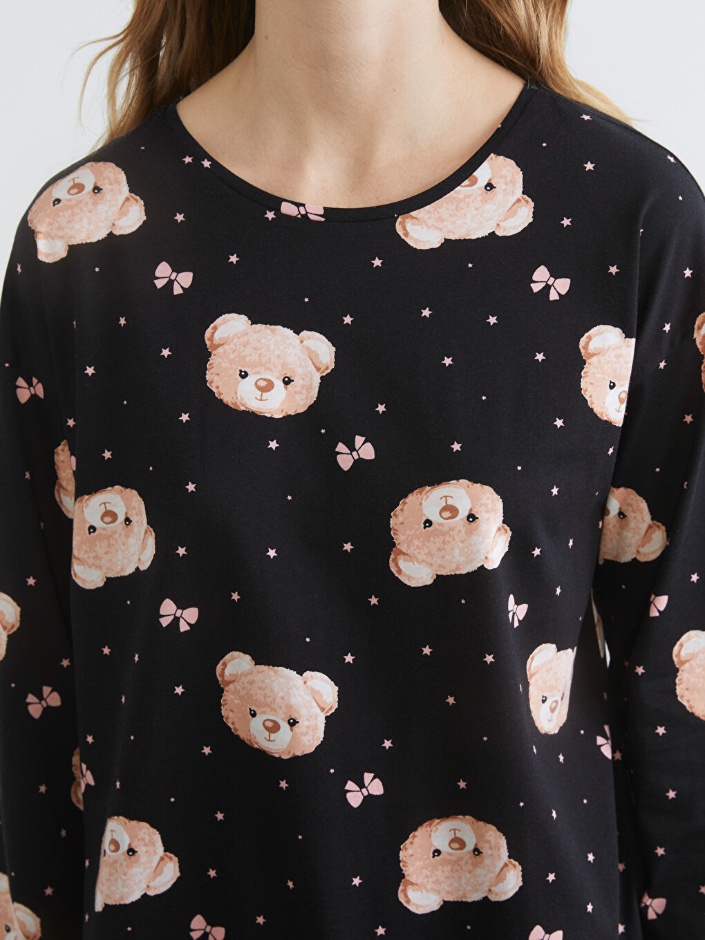 Siyah Bisiklet Yaka Ayı Baskılı Kadın Pijama Takımı-2