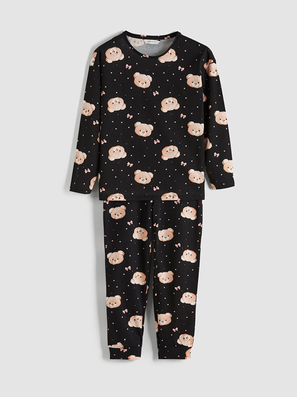 Siyah Bisiklet Yaka Ayı Baskılı Kadın Pijama Takımı-4