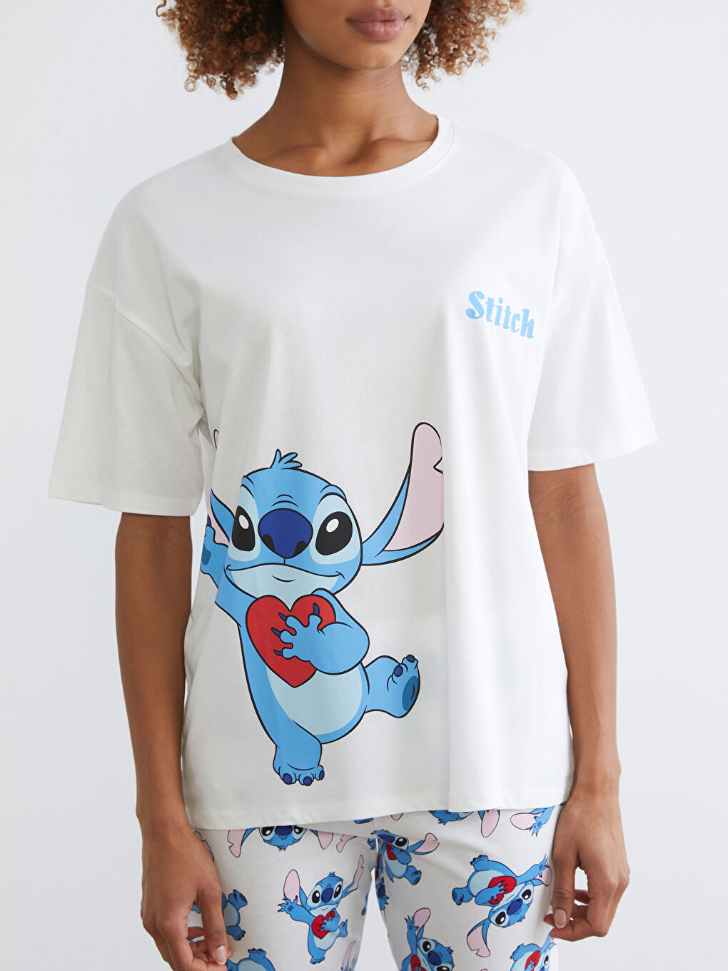 Ekru Bisiklet Yaka Stitch Baskılı Kadın Pijama Takım-2