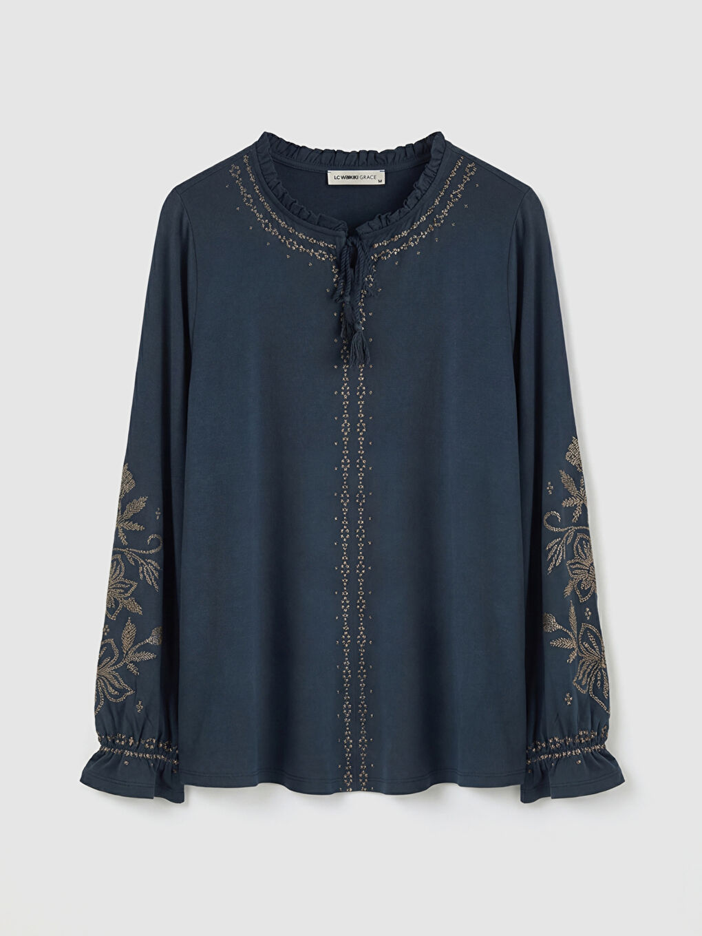 Lacivert Fırfırlı Bağlamalı Yaka Desenli Bluz-4