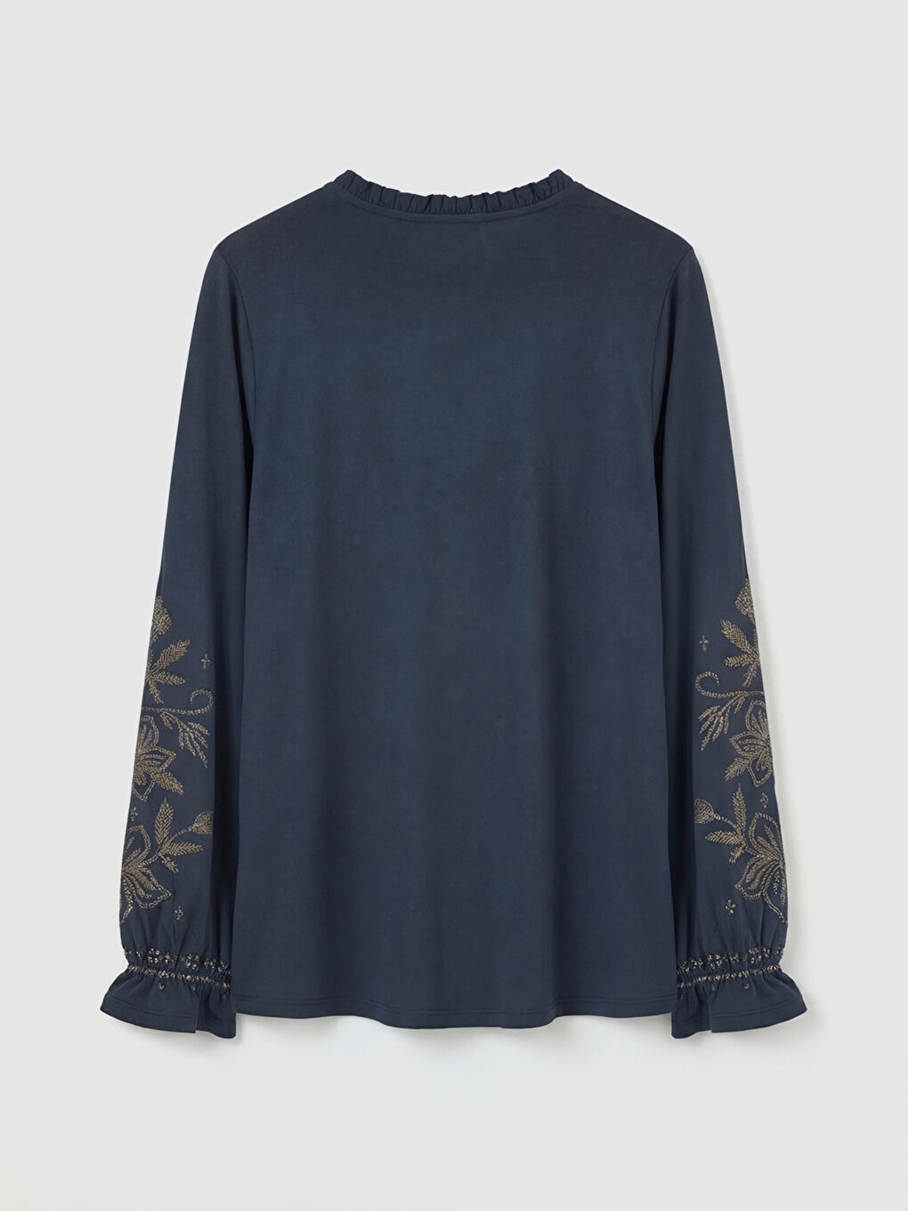 Lacivert Fırfırlı Bağlamalı Yaka Desenli Bluz-5