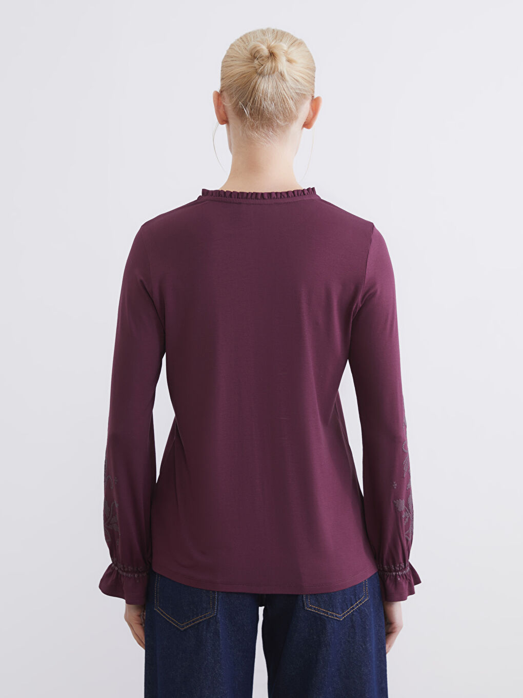 Mürdüm Bağlama Yaka Fırfırlı Desenli Bluz-3