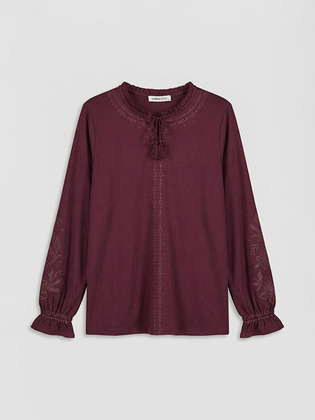 Mürdüm Bağlama Yaka Fırfırlı Desenli Bluz