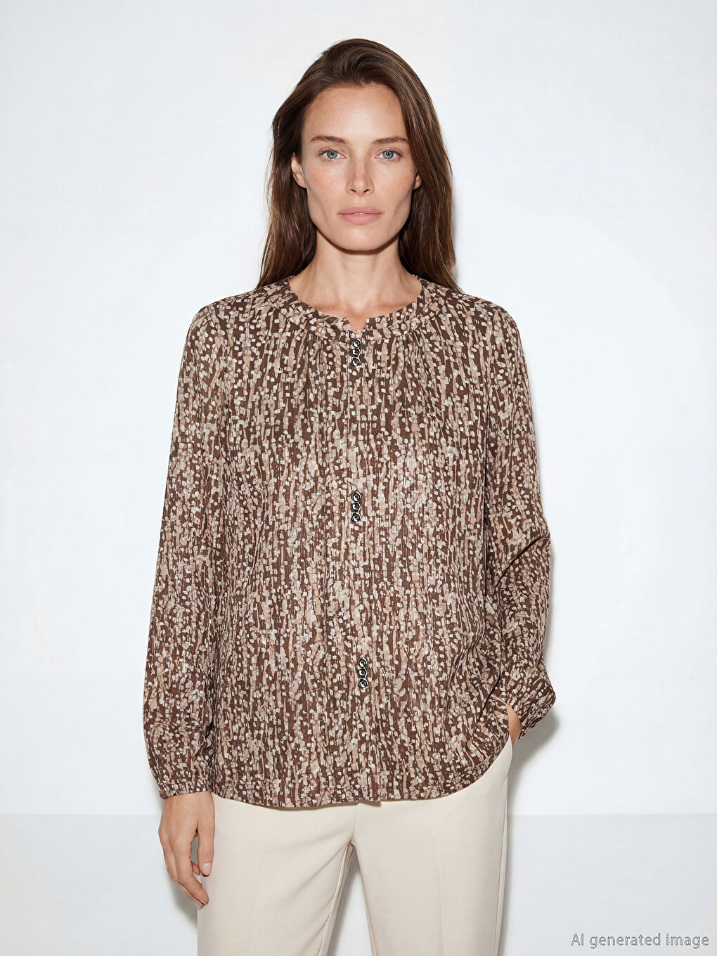 Kahverengi Bisiklet Yaka Desenli Bluz