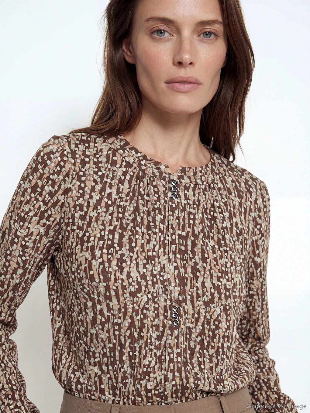 Kahverengi Bisiklet Yaka Desenli Bluz-2