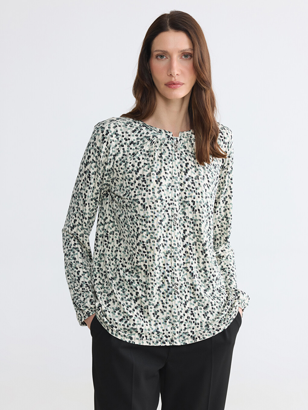 Crew Neck Patterned Blouse