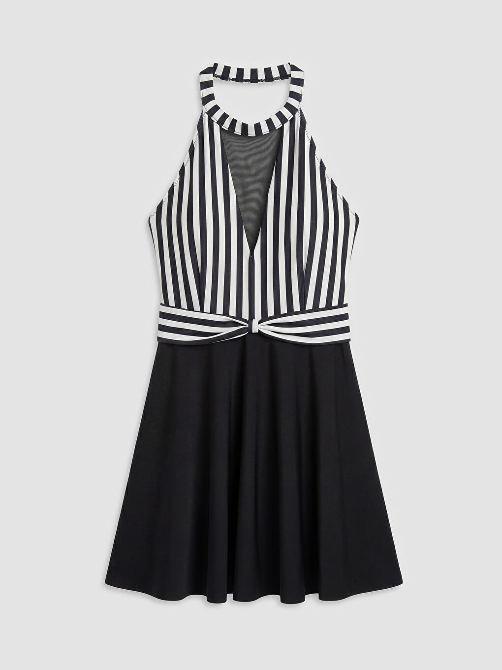 Siyah Halter Yaka Çizgili Kadın Etekli Mayo