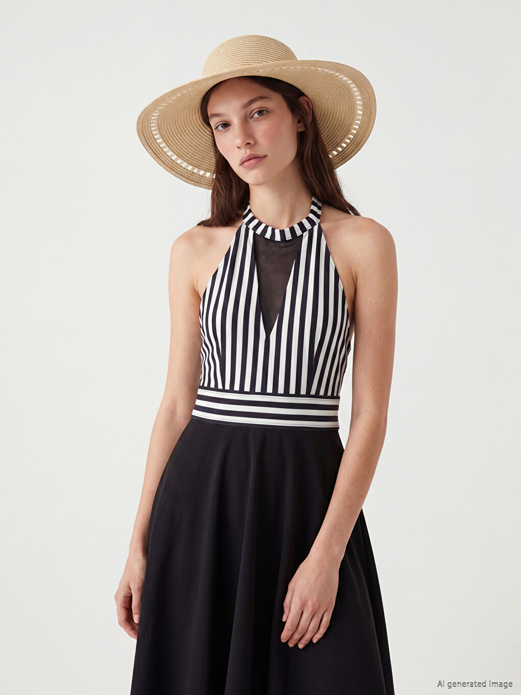 Halter Neck Striped Women's Skirted Swimsuit-1