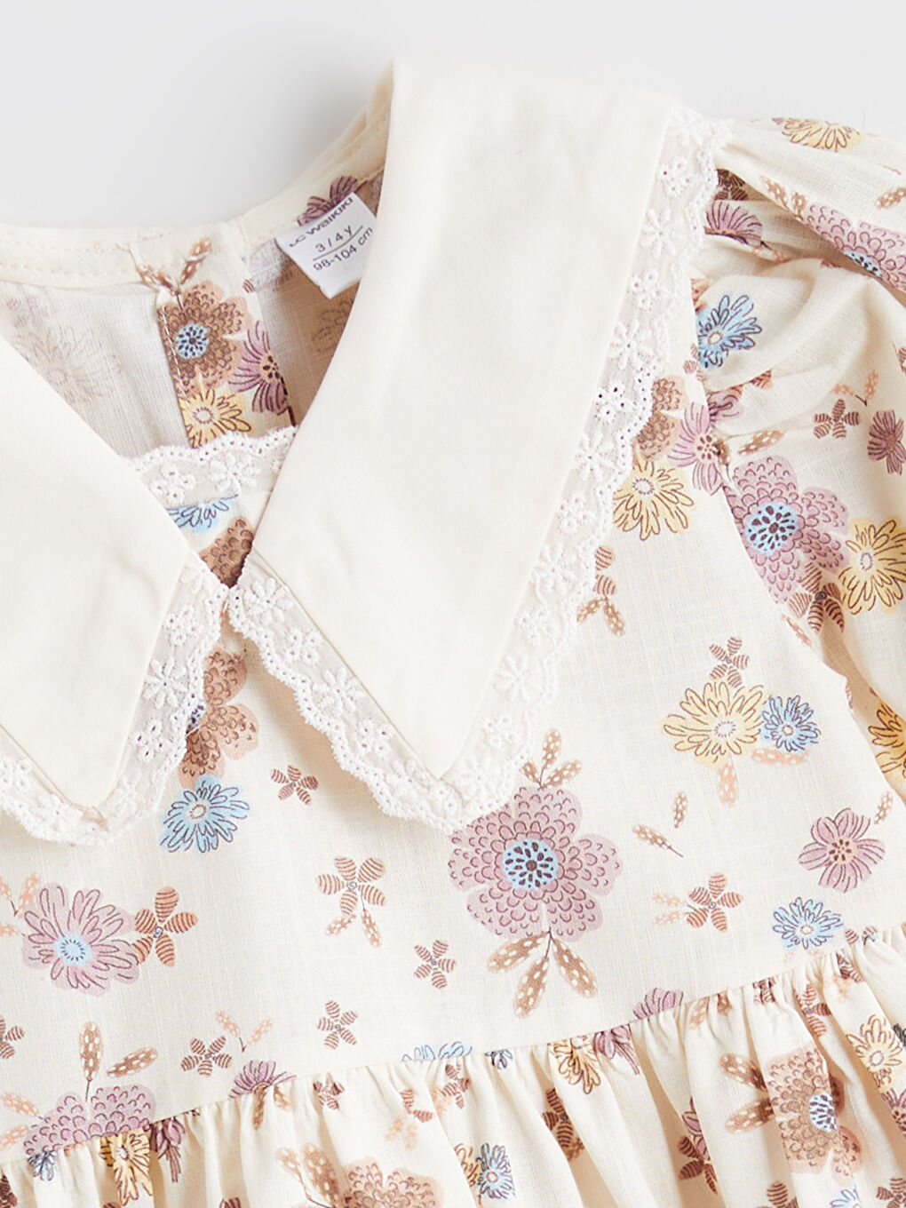 Ekru Çiçekli Kız Çocuk Elbise-1