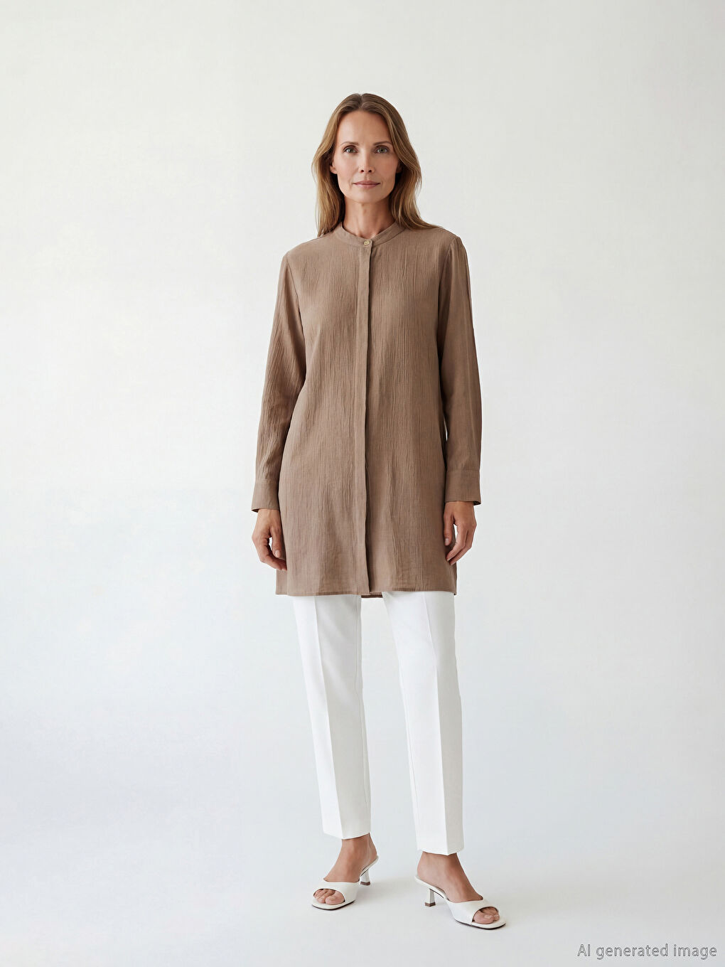 Bej Hakim Yaka Dokulu Kadın Gömlek Tunik	-1