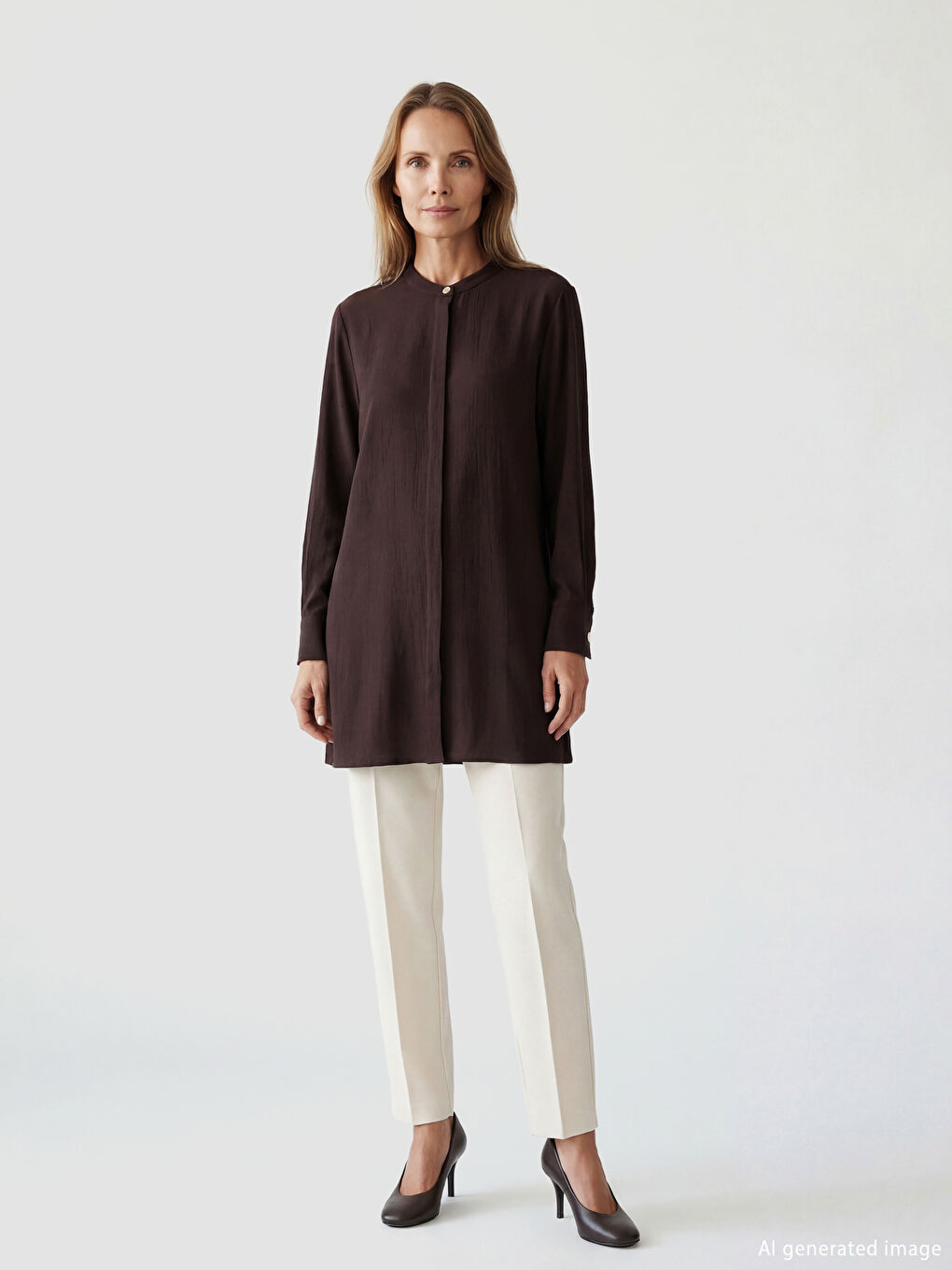 Kahverengi Hakim Yaka Dokulu Kadın Gömlek Tunik	-1
