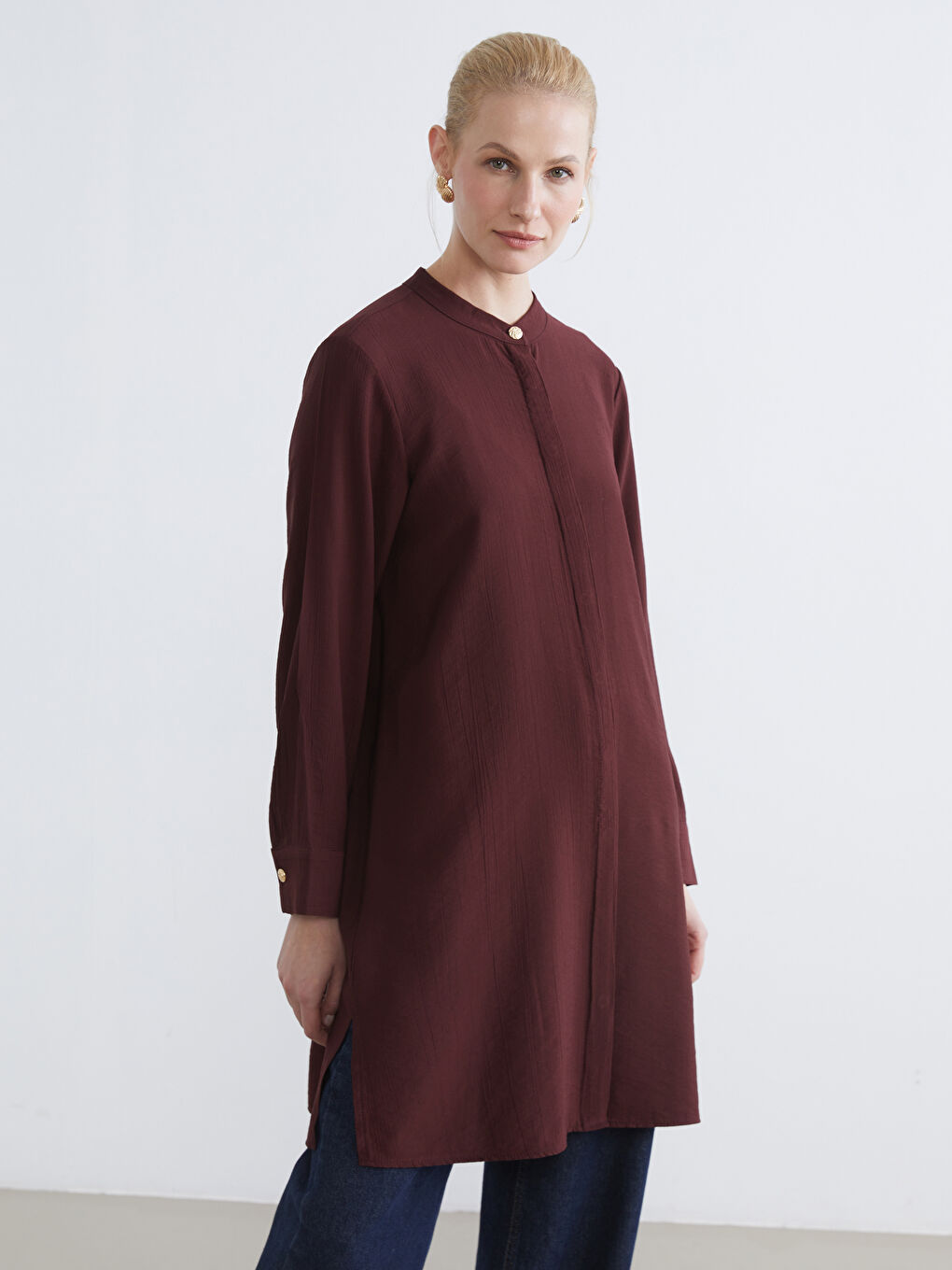 Kahverengi Hakim Yaka Dokulu Kadın Gömlek Tunik	