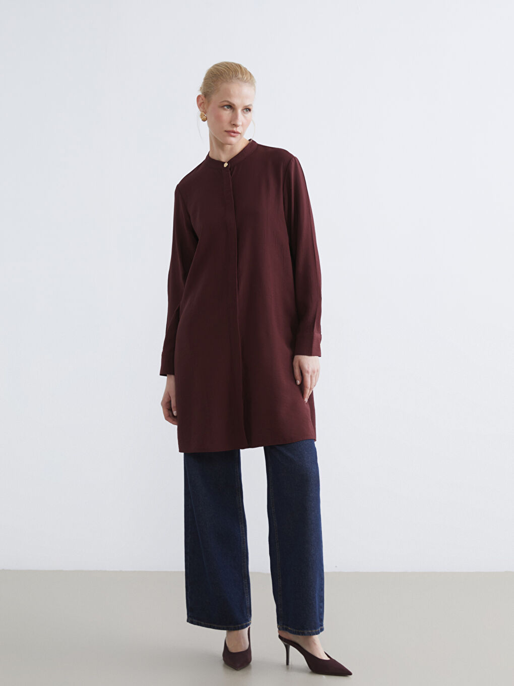 Kahverengi Hakim Yaka Dokulu Kadın Gömlek Tunik	-1