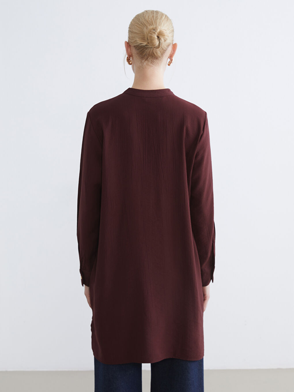 Kahverengi Hakim Yaka Dokulu Kadın Gömlek Tunik	-3