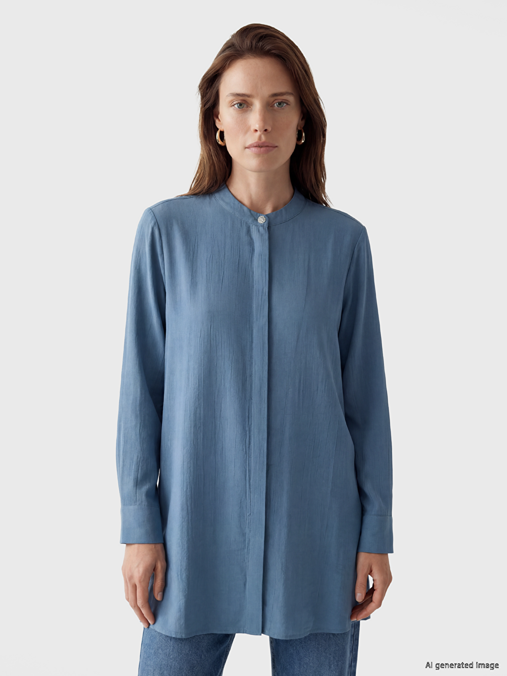 Grandad Collar Textured Women's Shirt Tunic