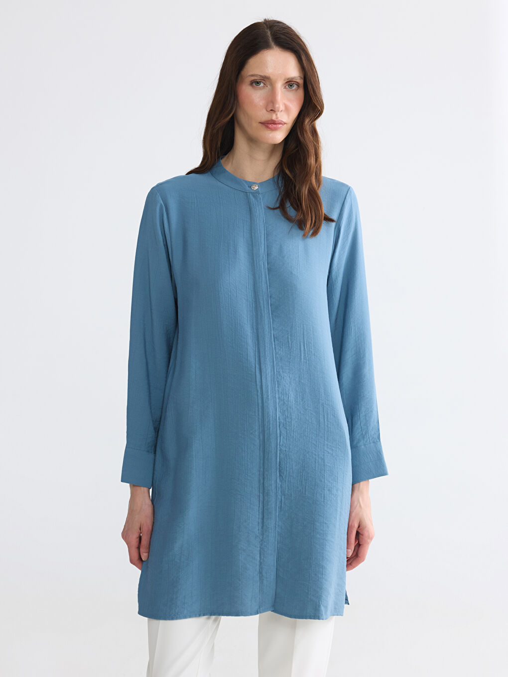 Grandad Collar Textured Women's Shirt Tunic