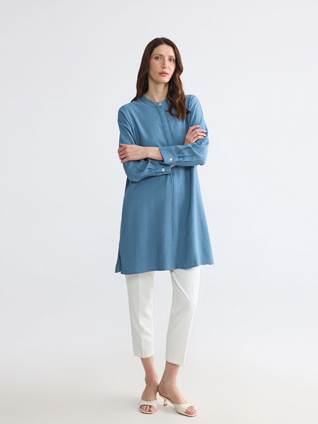 Grandad Collar Textured Women's Shirt Tunic-1