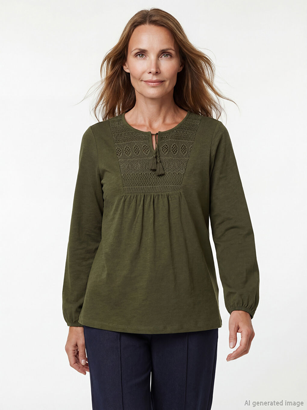 Yeşil Bağlamalı Yaka Nakışlı Bluz