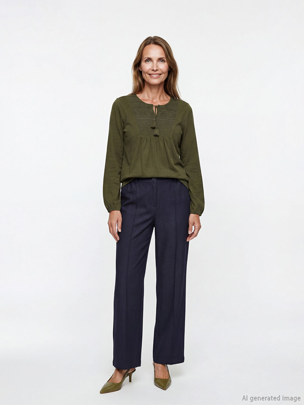 Yeşil Bağlamalı Yaka Nakışlı Bluz-2