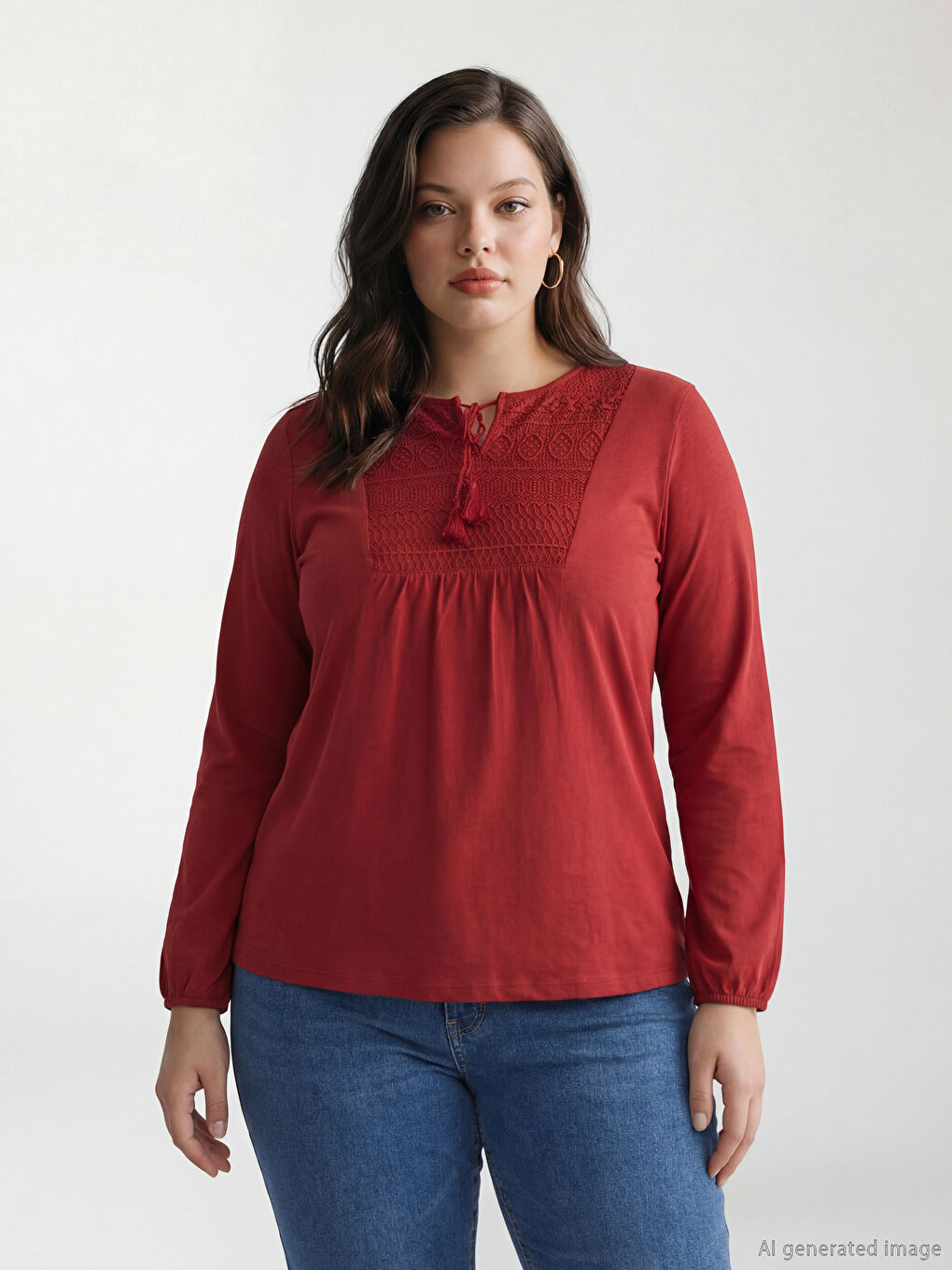 Kırmızı Bağlamalı Yaka Nakışlı Bluz-1