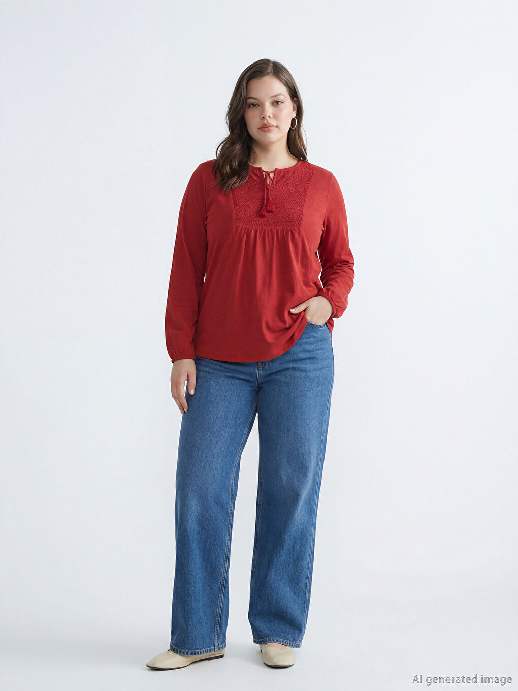 Kırmızı Bağlamalı Yaka Nakışlı Bluz-5