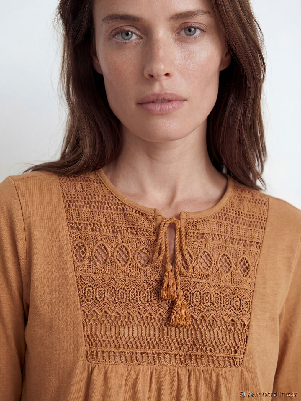 Kahverengi Bağlamalı Yaka Nakışlı Bluz	-2