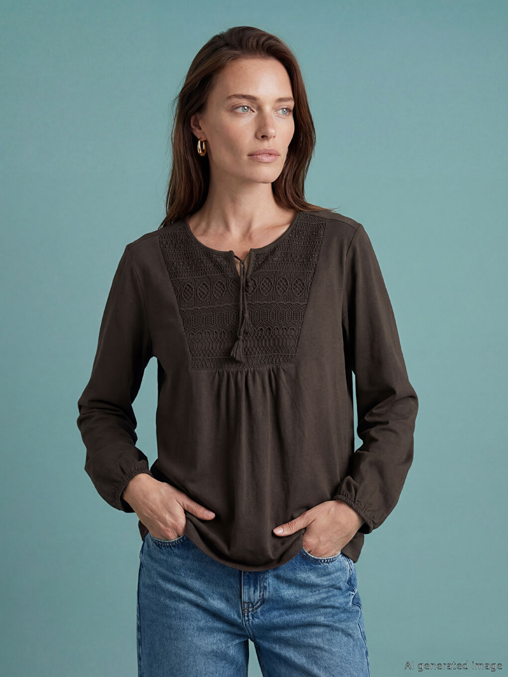 Kahverengi Bağlamalı Yaka Nakışlı Bluz
